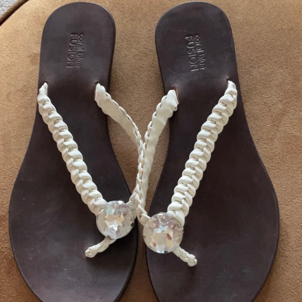 Jewel braided leather flip flops 8 8.5 9 eu39 white leather
